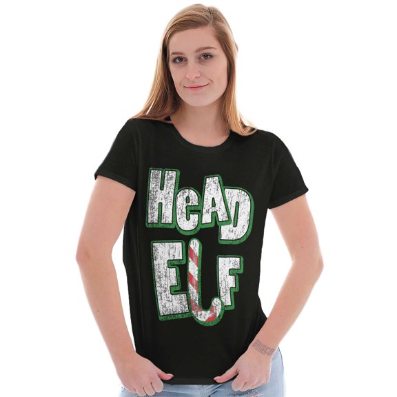Funny Christmas Head Elf Candy Cane Women's T Shirt Ladies Tee Brisco Brands S