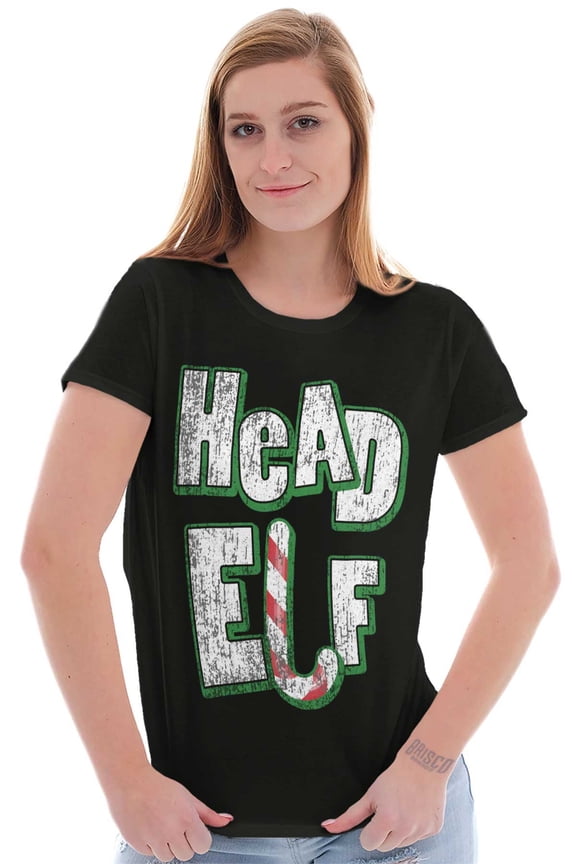 Funny Christmas Head Elf Candy Cane Womens Slim Fit Graphic Tee Brisco Brands L