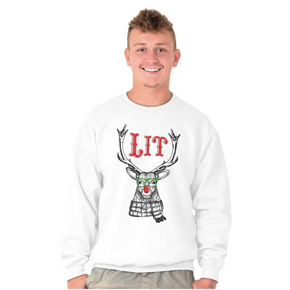 Funny Christmas Hipster Reindeer Lit Unisex Plus Fleece Graphic Sweatshirt Brisco Brands 2X