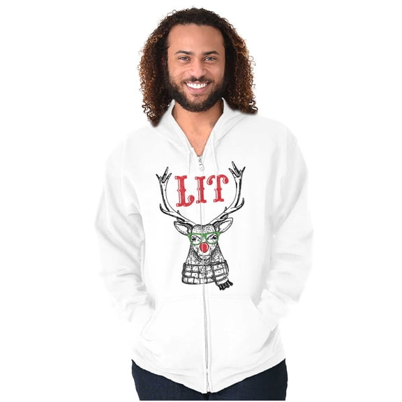 Funny Christmas Hipster Reindeer Lit Zip Up Hoodie Men's Women's Brisco Brands M