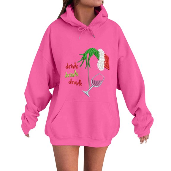 Funny Christmas Hoodies for Women Christmas Tree Santa Snowflake Print Long Sleeve Lightweight Hoodie Hot Pink Medium