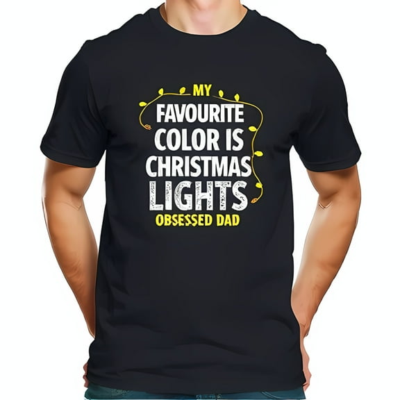 Funny Christmas Lights Dad T-Shirt - Navy Blue Cotton Short Sleeve Tee with " My Favourite Color Is Christmas Lights " Design