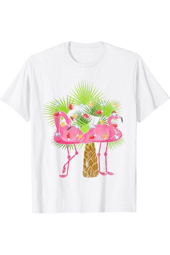 Funny Christmas Lights Flamingos Summer Christmas In July T-Shirt Unisex S-5XL Hot Trending Shirt Birthday Gift