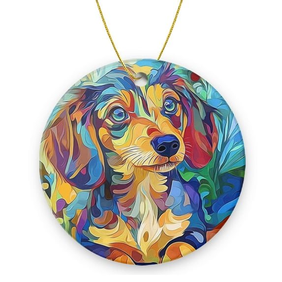 Funny Christmas Ornament,Abstract Dachshund In Vivid Hues,Xmas Round Ceramic Pendant