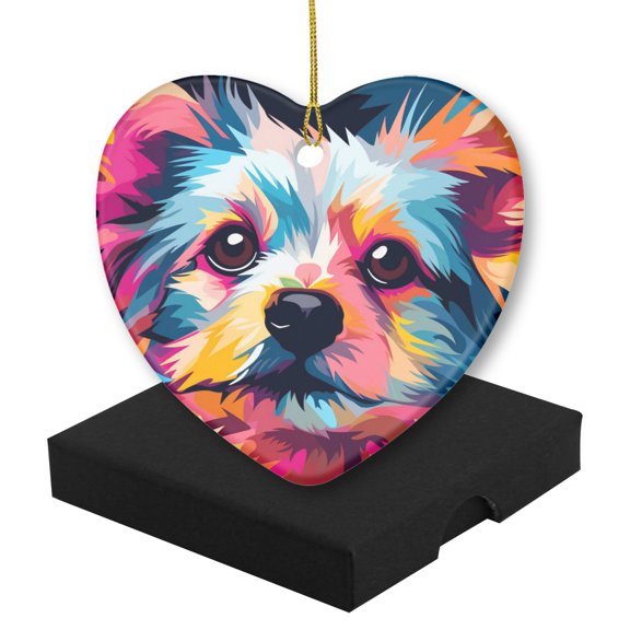 Funny Christmas Ornament,Abstract Vector Illustration Of Yorkshire Terrier Dog Face,Xmas Heart-Shaped Ceramic Pendant