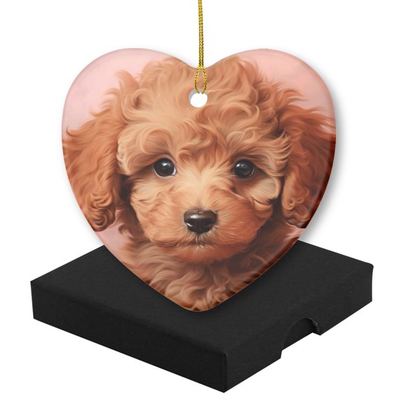 Funny Christmas Ornament,Adorable Portrait Of Poodle Puppy,Xmas Heart-Shaped Ceramic Pendant