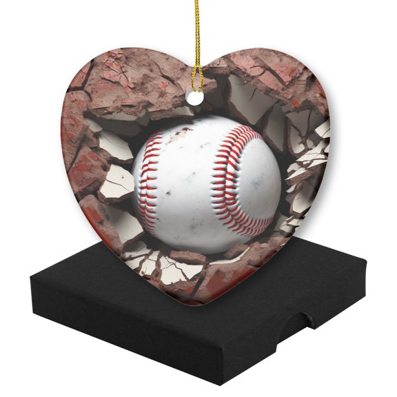 Funny Christmas Ornament,Baseball Ball In The Hole Of Cracked Red Wall With Cracks,Xmas Heart-Shaped Ceramic Pendant