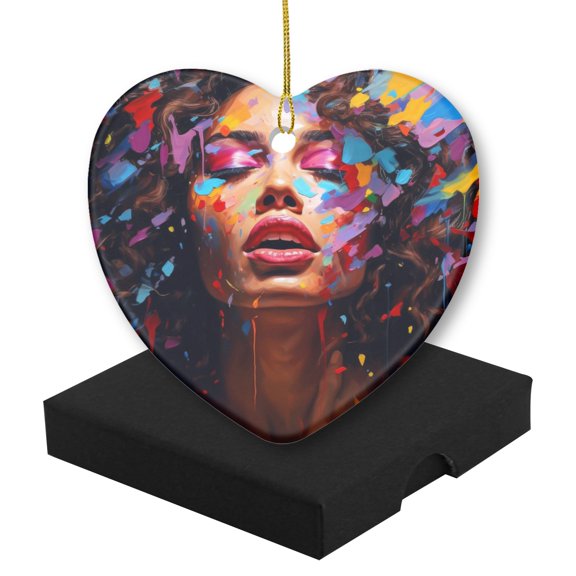 Funny Christmas Ornament,Beautiful Woman With Brown Skin And Curly Hair,Xmas Heart-Shaped Ceramic Pendant
