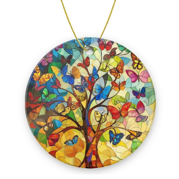 Funny Christmas Ornament,Butterflies And Tree In Mosaic Of Light,Xmas Round Ceramic Pendant