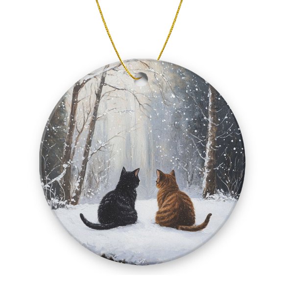 Funny Christmas Ornament,Cats Sitting In Winter Forest,Xmas Round Ceramic Pendant