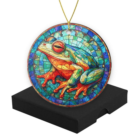Funny Christmas Ornament,Colorful Frog in Stained Glass Style,Xmas Round Ceramic Pendant