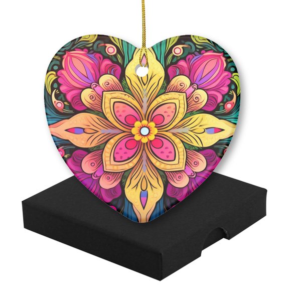 Funny Christmas Ornament,Colorful Mandala With Intricate Floral Patterns Vector Illustration,Xmas Heart-Shaped Ceramic Pendant