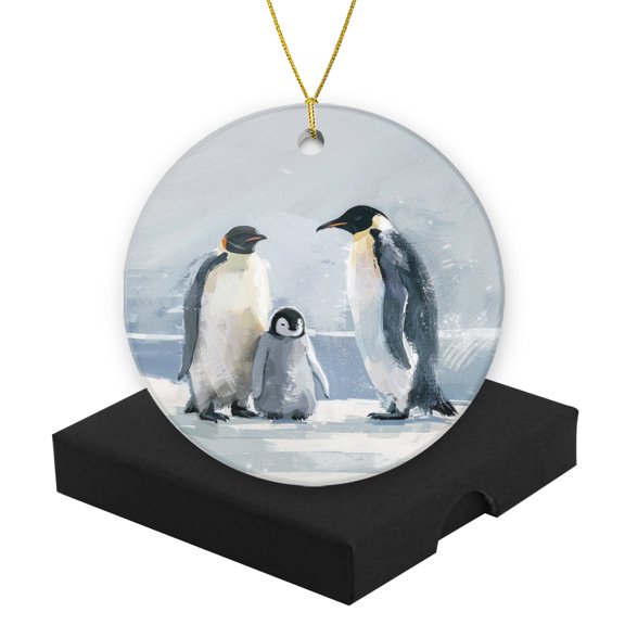 Funny Christmas Ornament,Cute Penguin Family Standing On The Ice,Xmas Round Ceramic Pendant