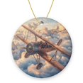 thumbnail image 1 of Funny Christmas Ornament,Vintage-Style Biplane Above The Clouds,Xmas Round Ceramic Pendant, 1 of 6