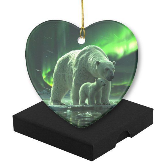Funny Christmas Ornament,Realistic Illustration Of Adult Polar Bear,Xmas Heart-Shaped Ceramic Pendant