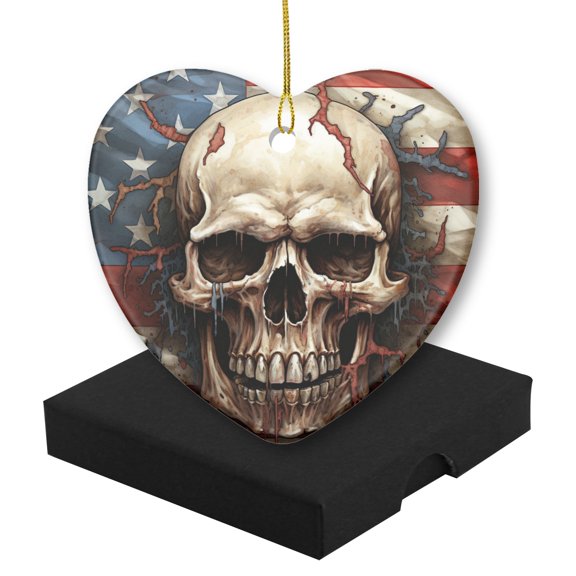 Funny Christmas Ornament,Skull With The American Flag In The Background,Xmas Heart-Shaped Ceramic Pendant