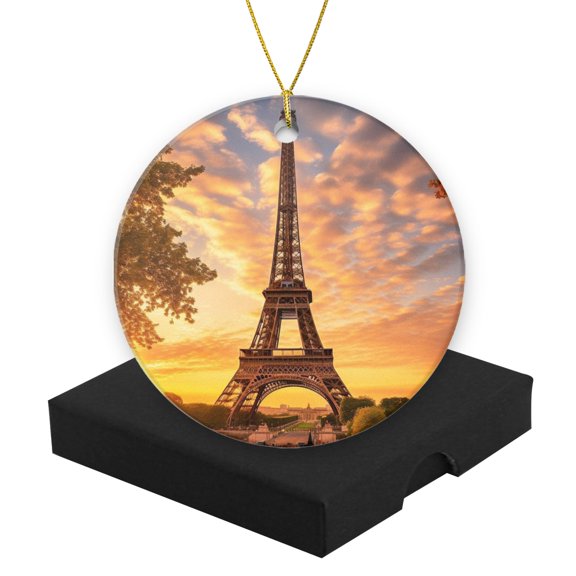 Funny Christmas Ornament,Stunning View Of The Eiffel Tower At Sunrise,Xmas Round Ceramic Pendant