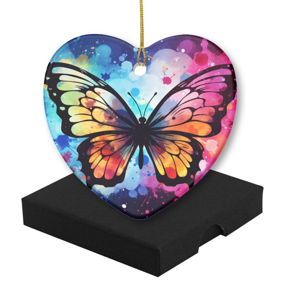 Funny Christmas Ornament,Vector Art Of Colorful Butterfly On Dark Background,Xmas Heart-Shaped Ceramic Pendant