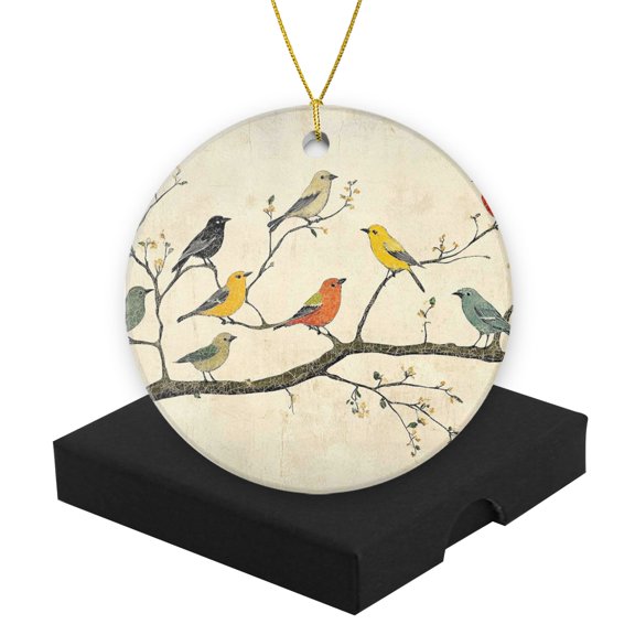 Funny Christmas Ornament,Vintage Birds In Vintage Style With Various Colorful,Xmas Round Ceramic Pendant