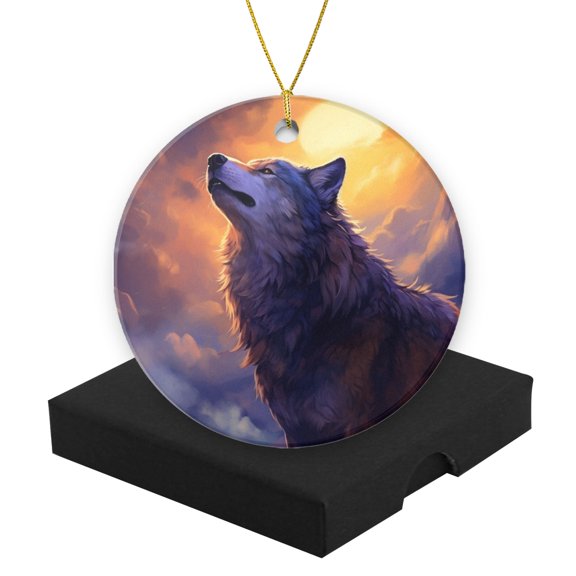 Funny Christmas Ornament,Wolf Howling At The Moon With Beautiful Night Sky,Xmas Round Ceramic Pendant