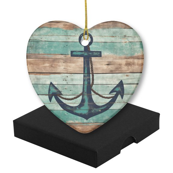 Funny Christmas Ornament,Wooden Background With Anchor Painted On It,Xmas Heart-Shaped Ceramic Pendant