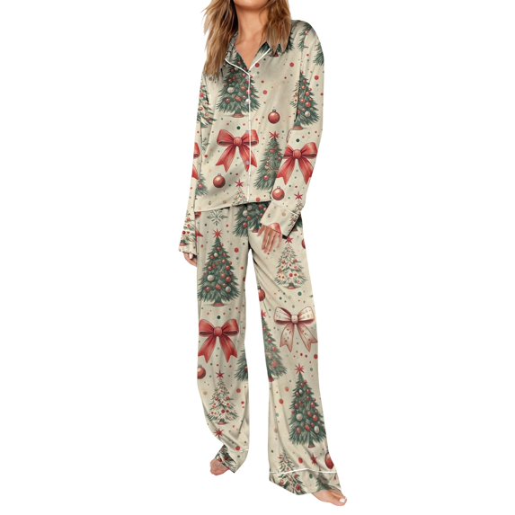 Funny Christmas Pattern Satin Nightwear Ladies Long Sleeve Button Down Shirt and Pants Suit