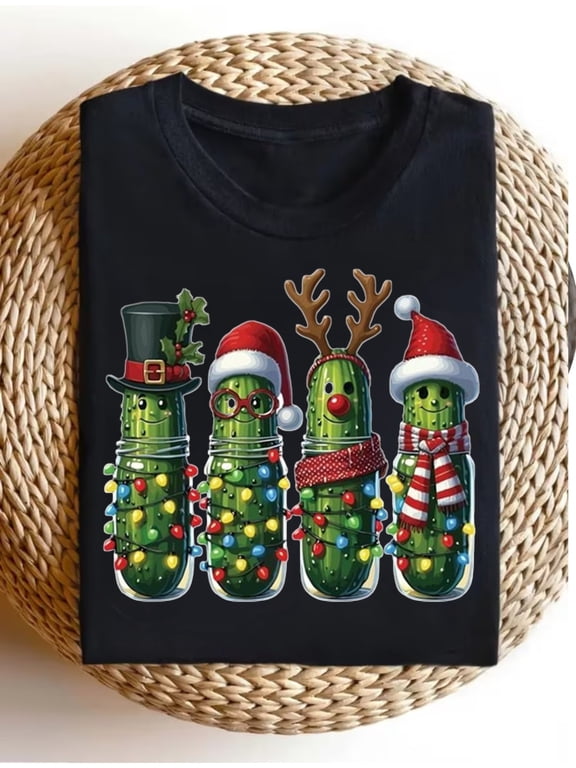 Funny Christmas Pickle In Jar With Lights And Hats Design Unisex Holiday Gift Cotton Men's Women's Tee Shirt