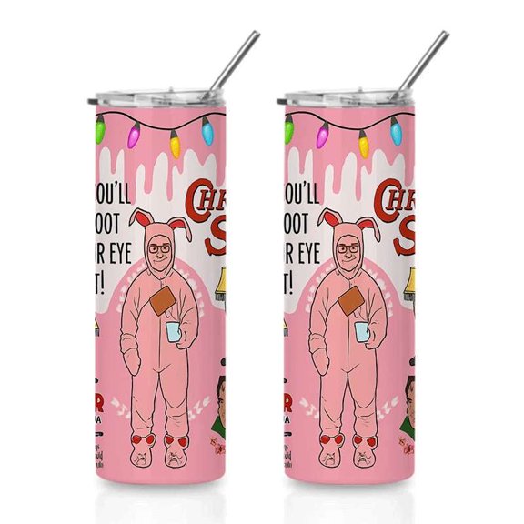 Funny Christmas Pink Bunny Suit Stainless Steel Insulated Skinny Tumbler with Straw, Holiday Lights Design Coffee Cup Gift