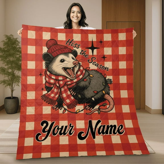Funny Christmas Possum Quilt Blanket - Hiss the Season Red Plaid Holiday Quilt - Personalized Name Gift for Animal Lovers Blanket, Merry Christmas Gift
