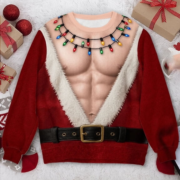 Funny Christmas Print Shirts for Men, Santa Round Long Sleeve Relaxed Fit, Fall Xmas Party Holiday Graphic Tops M-4XL