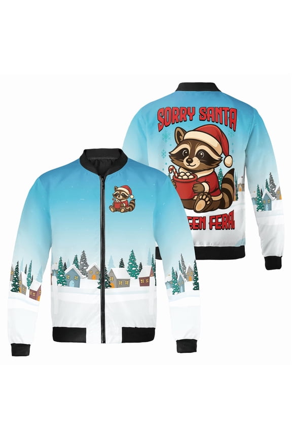 Funny Christmas Raccoon Sorry Santa Bomber Jacket – Winter Holiday Jacket with Cute Cartoon Animal & Winter Village, Merry Xmas Gift Jacket