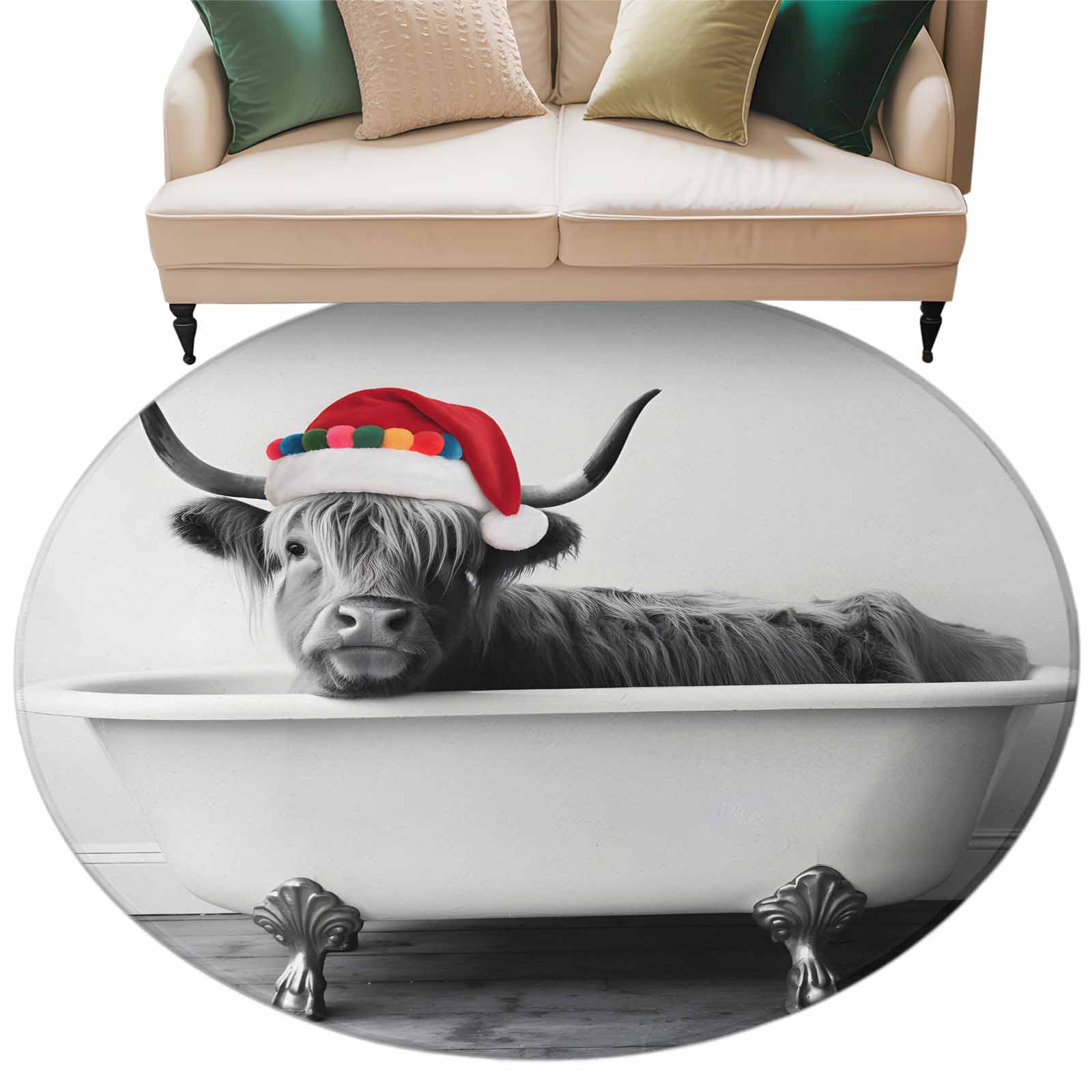 Funny Christmas Round Area Rug 5ft Xmas Animals Yaks with Red Hat ...