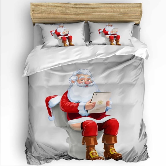 Funny Christmas Santa Claus Twin Size Comforter Set, Toilets Abstract Art Gradient Gray Bedding for All Seasons, 4 Pcs Bed Set with 1 Comforter (68"x86") ,1Sheet(66"x116"), 2 Pillowcases (19"x29")