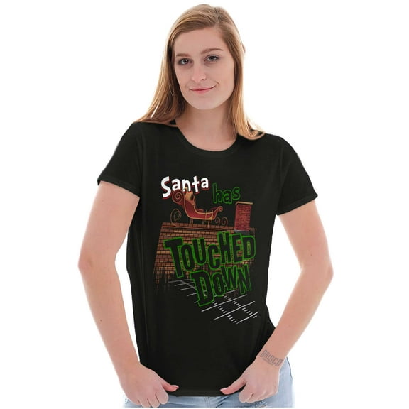 Funny Christmas Santa Touched Down Womens Slim Fit Graphic Tee Brisco Brands S