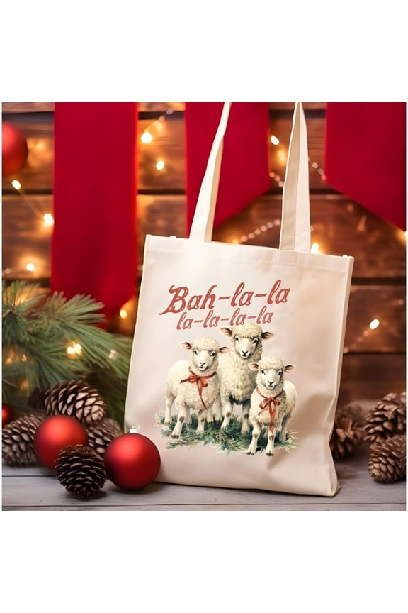 Funny Christmas Sheep Tote Bag, Cute Bah La La Holiday Canvas Tote, Xmas Vacation Gift