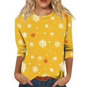 Funny Christmas Shirts Women Snowflake Printed Loose Fit 3/4 Length Sleeve Tops Stretchy Casual Crew Neck T Shirts Dressy Holiday Blouse Yellow,2XL