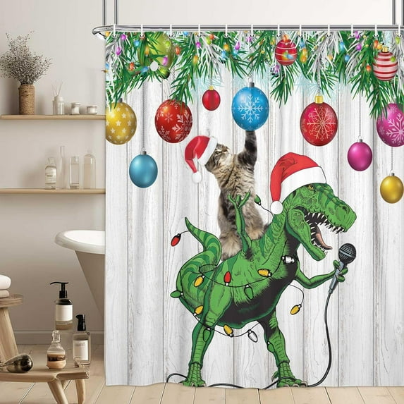 Funny Christmas Shower Curtain, Cute Cute Dinosaur in Santa Hat Singing Merry Christmas for Children Boy and Girl Shower Curtain, Winter Bathroom Decor, 72X72in
