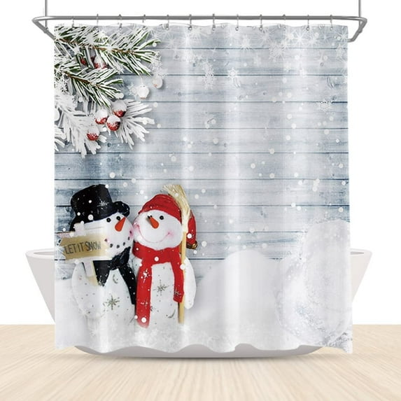 Funny Christmas Snowman Shower Curtain Snowflakes Snow Winter Scene Shower Curtain on Wood Panel Kids Holiday Curtains 72x72 Inch Polyester Fabric with Hooks