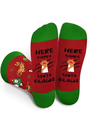 Funny Christmas Cat Animals Socks for Men Women - HERE COMES SANTA CLAWS Novelty Fun Funky Happy Odd Socks - Xmas Secret Santa Gifts Christmas Eve Box Stocking Fillers for Cat Lovers Mum Dad