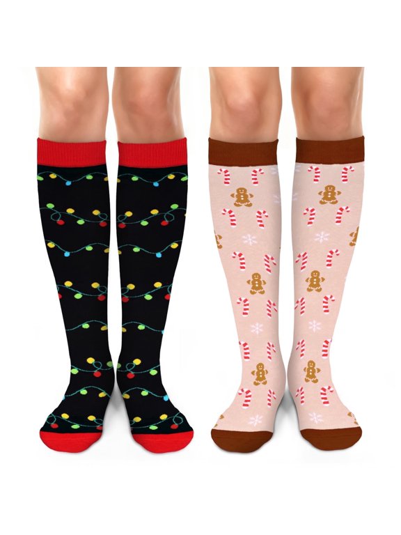 Funny Christmas Knee High Festival Socks for Women Teens Girls - Secret Santa Gifts Novelty Fun Crew Funky Cute Crazy Gingerbread Lights Xmas Holiday Socks Funny Stocking Stuffers