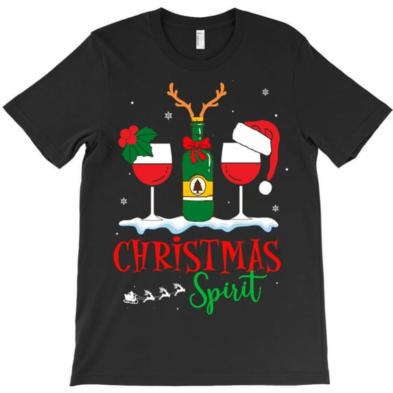 Funny Christmas Spirits Wine Glasses Holiday Drinking Party Graphic T-Shirt - Durable Stitching - Top Pick G0600, Up to 5XL