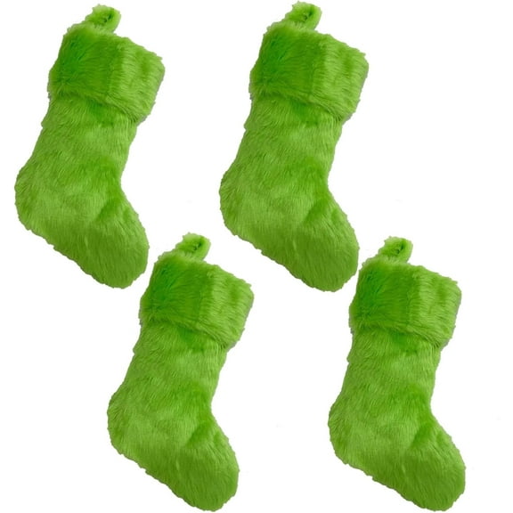 Funny Christmas Stockings,4 Pack Green Faux Furs Christmas Stockings,Large Stockings Candy Gift Socks Christmas Ornament Decorations,Hanging Family Christmas Stocking for Fireplace Xmas Tree