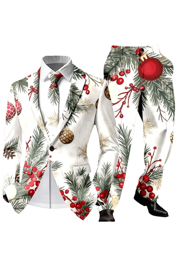 Funny Christmas Suits for Men 2 Piece Classic Fit One Button Xmas Jacket Blazer And Pant Set Elegant Slim Fit Winter Festive Party Christmas Suit