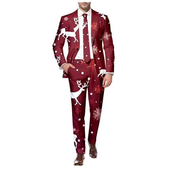 Funny Christmas Suits for Men 2 Piece Funny One Button Xmas Reindeer Jacket Tuxedo And Trousers Set Slim Fit Winter Party Ugly Christmas Suit