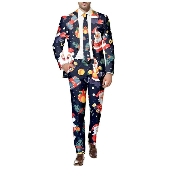 Funny Christmas Suits for Men 2 Piece Funny One Button Xmas Reindeer Jacket Tuxedo And Trousers Set Slim Fit Winter Party Ugly Men's Suits