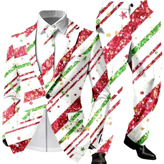 Funny Christmas Suits for Men 2 Piece One Button Xmas Color Block Jacket Blazer And Pant Set Slim Fit Winter Party Funny Mens Suits