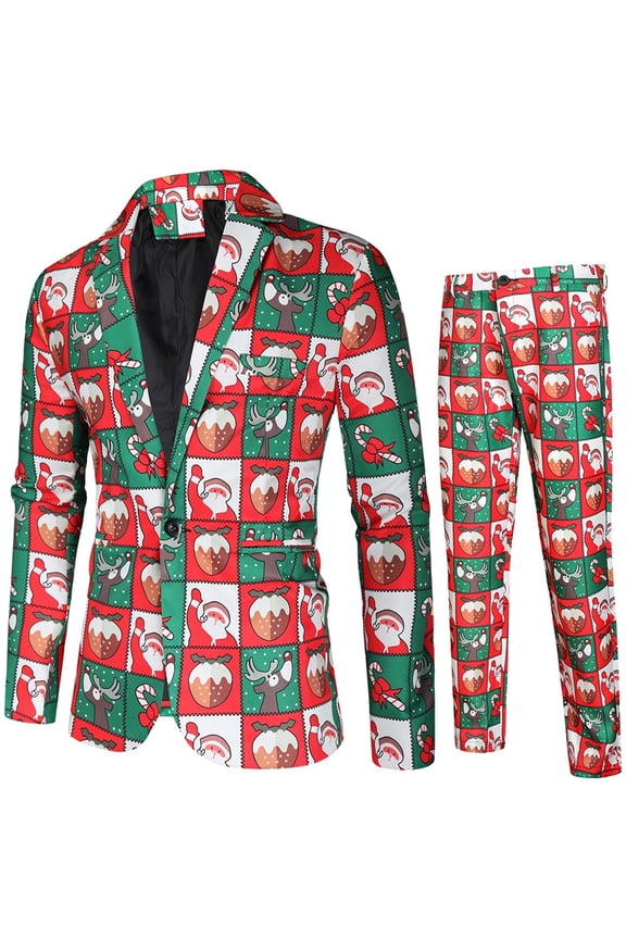 Funny Christmas Suits for Men 2 Piece Ugly Christmas Print Xmas Jacket Blazer And Pant Set Slim Fit Winter Party One Button Mens Suits