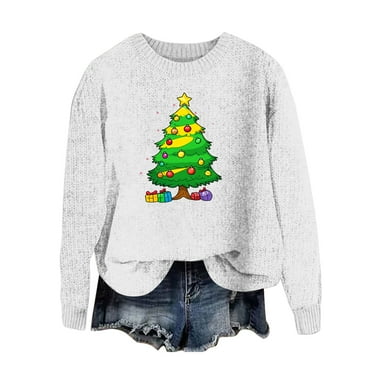 Funny Christmas Sweater - Womens Winter Sweaters, Women Christmas Tree Sweater Xmas Printed Sweaters Long Sleeved Round Neck Pullover Sweater Tops
