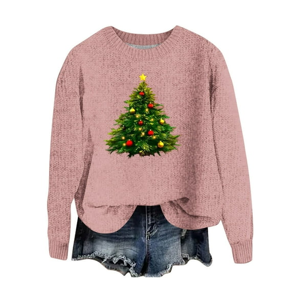 Funny Christmas Sweaters for Women - Winter Sweater, Women's Xmas Sweaters Christmas Tree Printed Sweater Crew Neck Long Sleeve Sweaters Pullover Tops