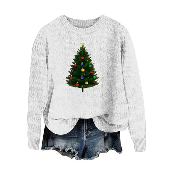 Funny Christmas Sweaters for Women - Cozy Sweaters for Women, Women's Xmas Sweaters Christmas Tree Print Sweater Round Neck Long Sleeve Pullover Sweater Tops